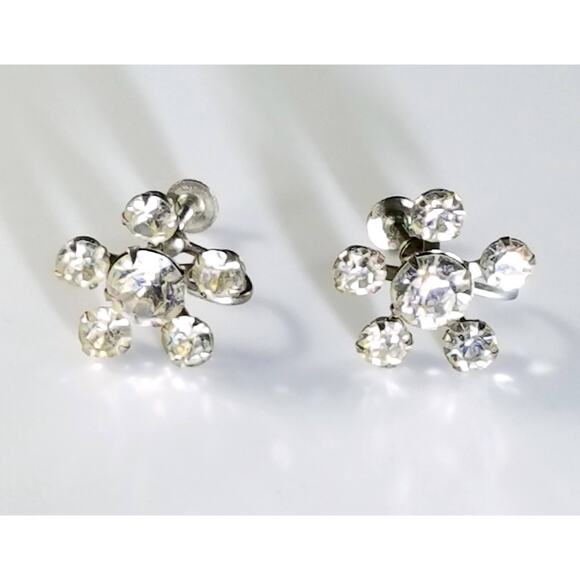 Vintage Weiss Flower Rhinestone Screw Back Earrings, 1950's , 3/4 Inch - Picture 3 of 10